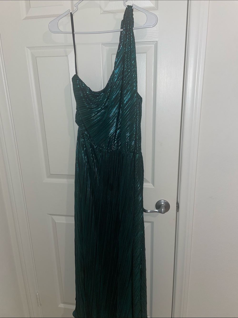 City Chic One-Shoulder Shimmering Teal Pleated Gown